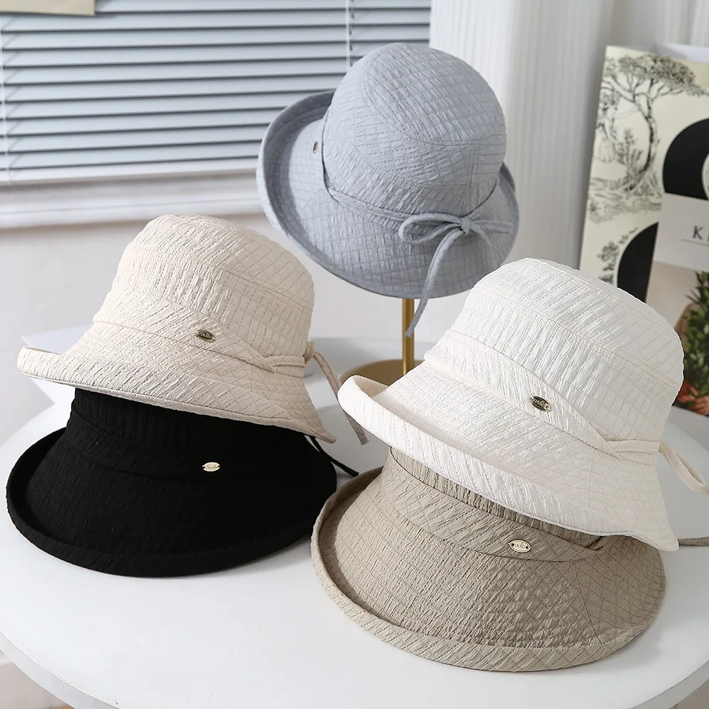Women's Bucket Hat Elegant Lady Fisherman Cap With Bow Wide Brimmed Spring Summer Hats For Women Cloth Foldable Sunhat New