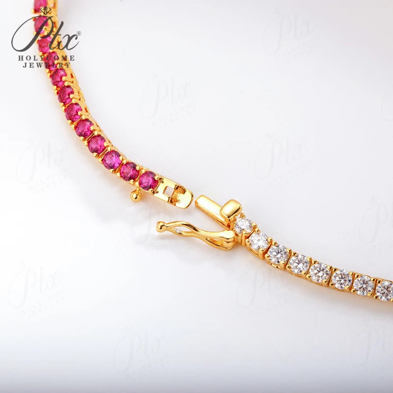 Tennis Necklace Lab Grown Ruby Sapphire Emerald Moissanite 3mm Round 8X8mm Heart Shape 16 18 20inch 925 Silver Sweet Chain Charm