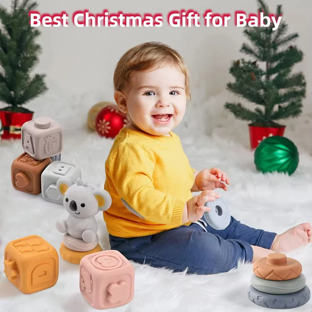 Montessori Educativi Blocco 3D Giocattoli di Apprendimento Cubi di Silicone Morbido Impilabile Torre Bagno Massaggiagengive Sonagli Bambini Giocattolo Del Bambino Regali