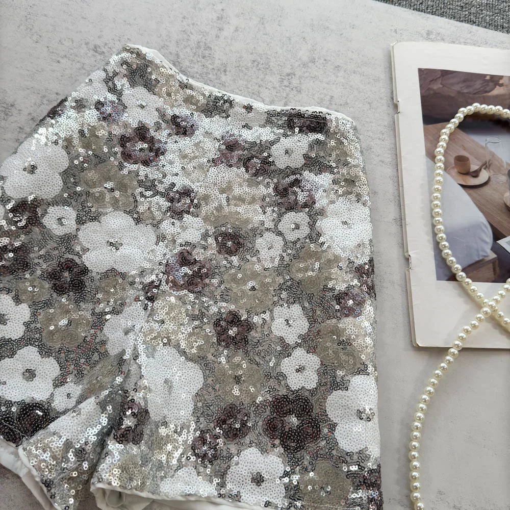 Pantaloncini a vita alta floreali con paillettes chic da donna Lady Streetwear Fiori Pantaloni corti a linea A