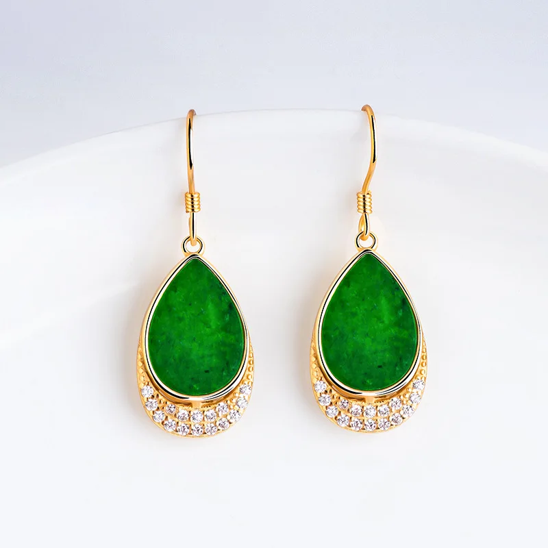 Green Burmese Jadeite Water Drop Earrings Talismans Natural Jewelry Real Myanmar Jade Designer Amulet 925 Silver Accessories