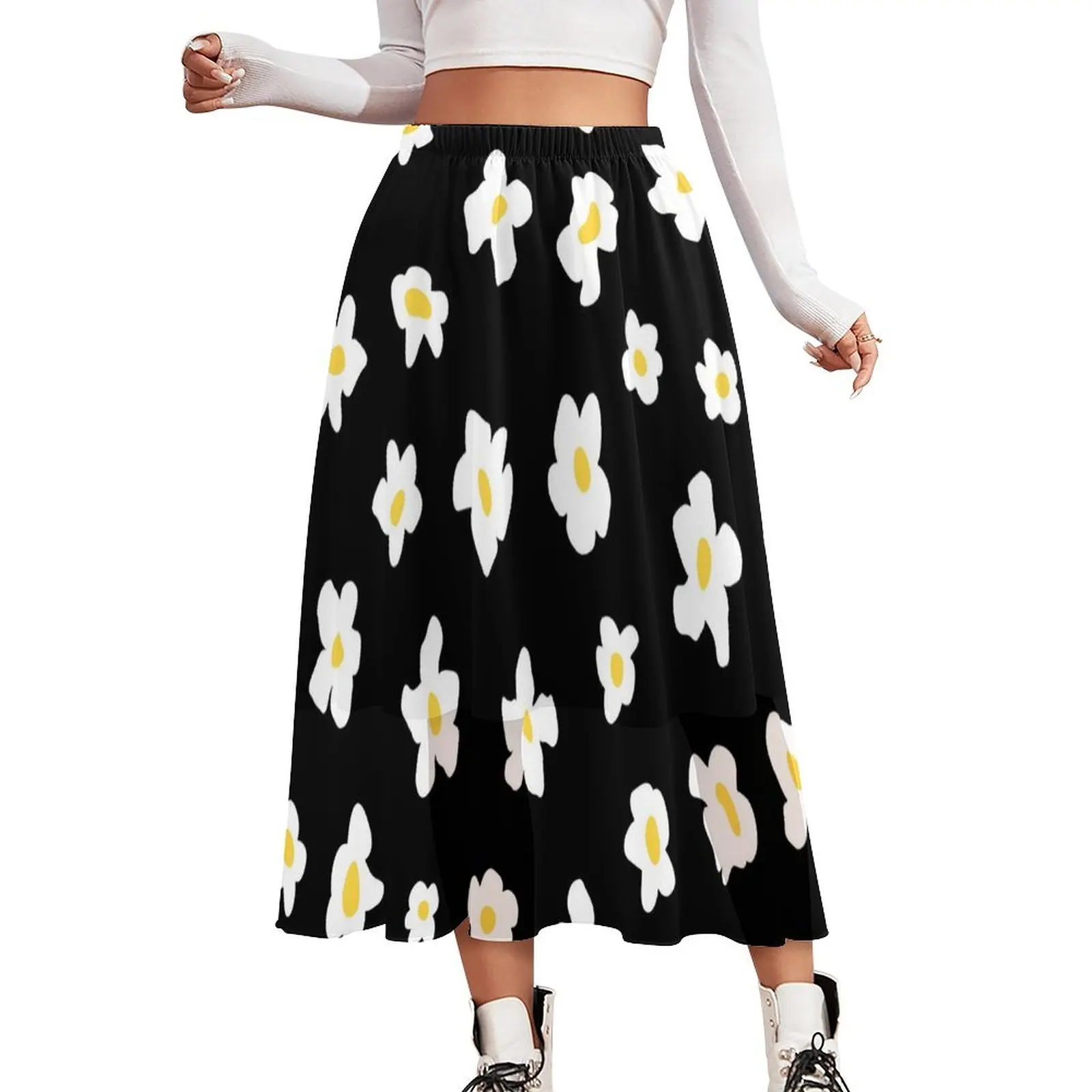 

Retro Daisies Skirt Ladies White Floral Print Retro Boho Skirts Printed Elastic Waist Korean Fashion A-line Skirt 2XL 3XL 4XL