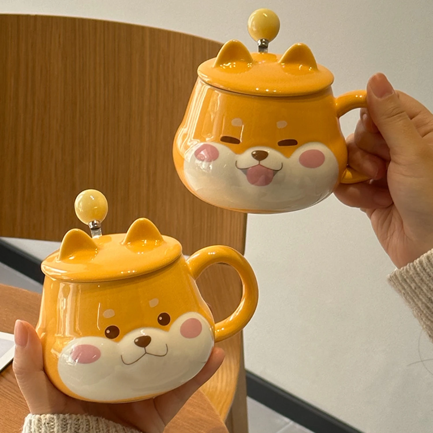 Linda taza de café de cerámica Shiba Inu con tapa - Taza de agua para parejas estilo Ins de alto valor - Taza de vidrio para vajilla de servicio de comedor - K