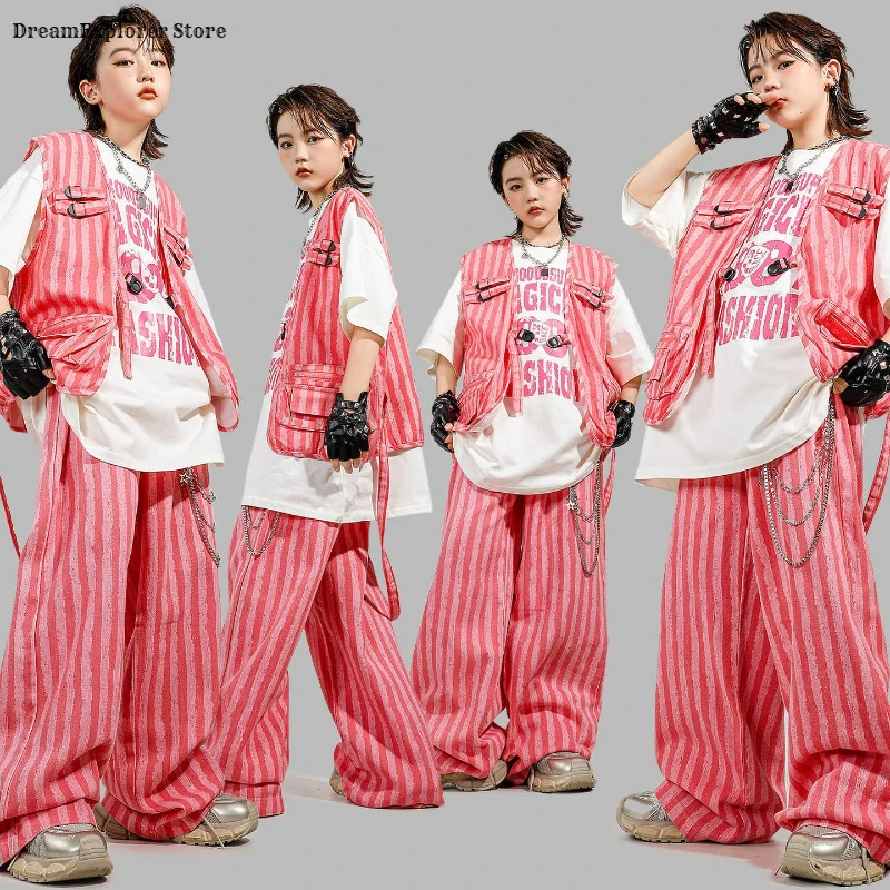 Ragazzi Hip Hop T-shirt Gilet a righe rosa Pantaloni da ballo di strada Ragazze Costumi K-pop Bambini Adolescenti Set di vestiti jazz Bambini Streetwear