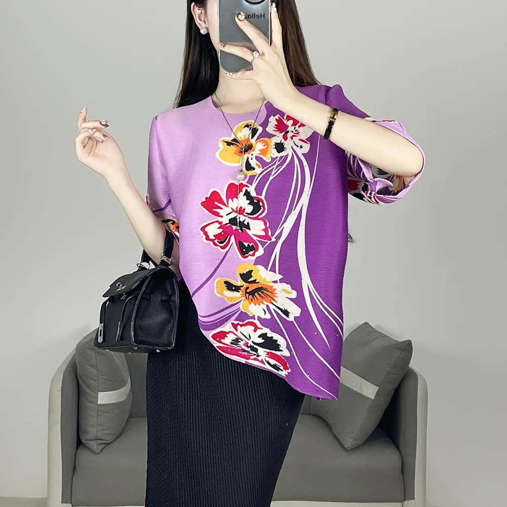 Miyake Style Pleated Top for Women 2024 New Autumn Fashion Fashion Flower Print Round Neck Long-sleeved T-shirt for Women