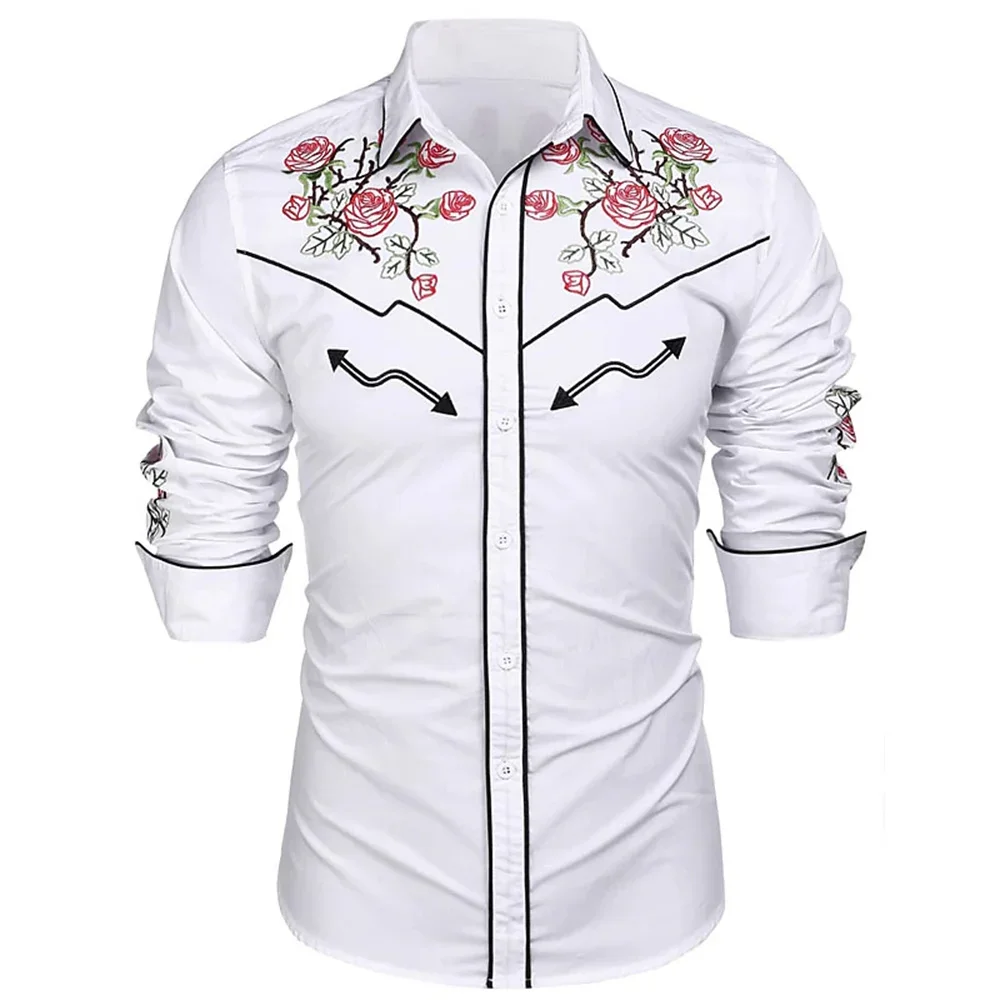 

Western Printed Shirt Rose Pattern 3D Street Long Sleeve Button Fashion Apparel Designer Western Style 2024 Trendy Men's Shirt