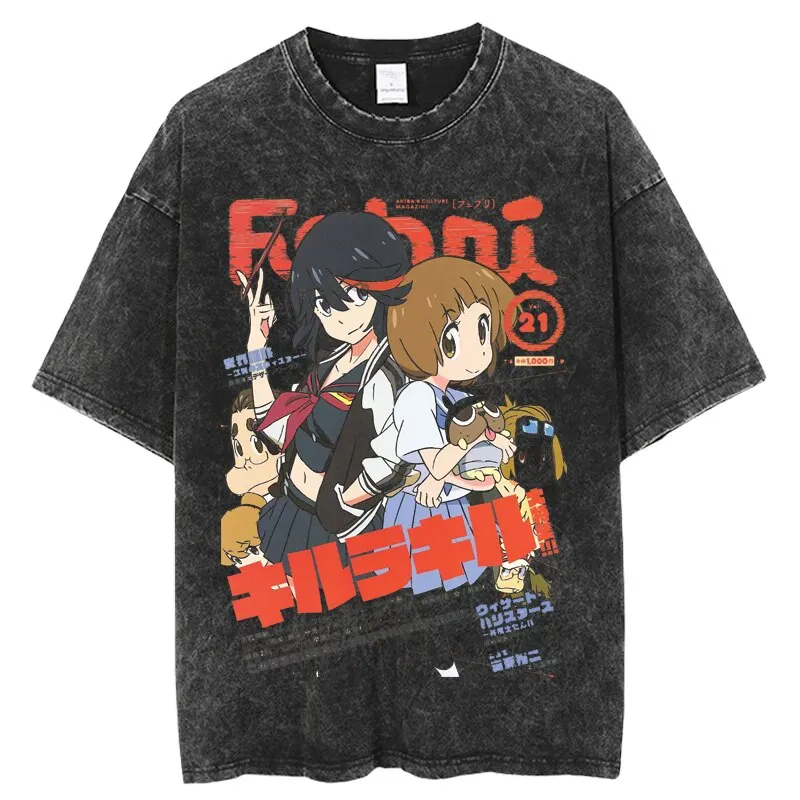 Anime Kill La Kill Character Group Vintage Washed T Shirt Unisex Oversized Casual Short Sleeve Harajuku Streetwear Fans Tee Tops