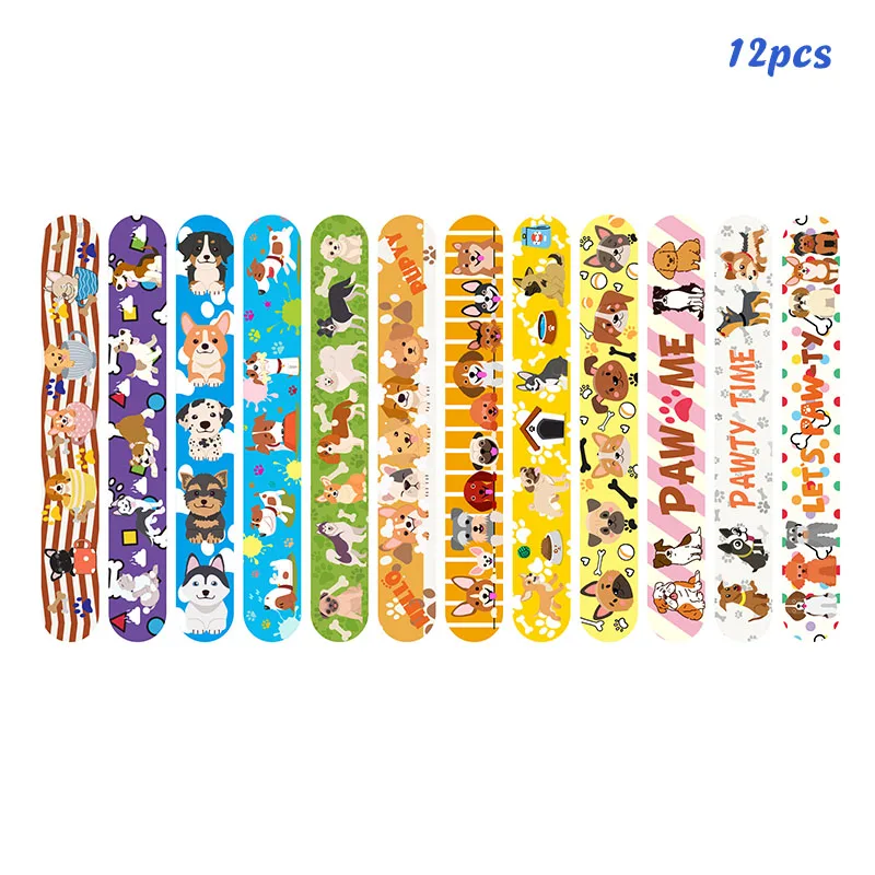 12pcs Cartoon Animals Puppy Slap Bracelets Pet Dog Circle Clap Happy Birthday Party Decor Kids Boy Girl Favor Wristband Gifts