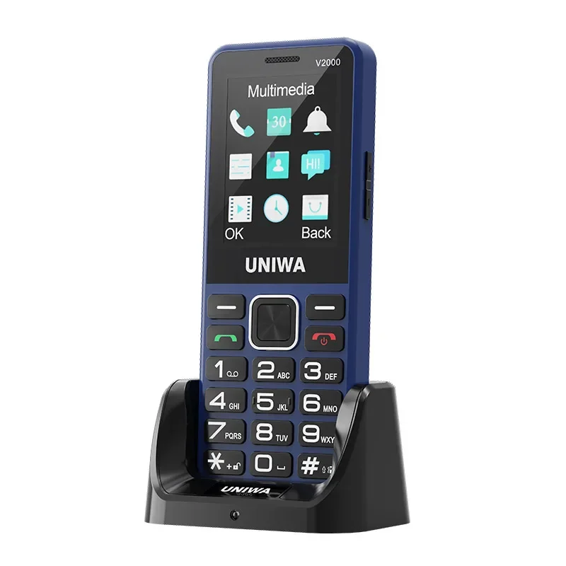 UNIWA V2000 4G-telefoon Dubbel scherm 0,3 MP camera Grote drukknop FM-radio Toetsenbord 1700 mAh Mobiele telefoon Ondersteuning met één klik bellen