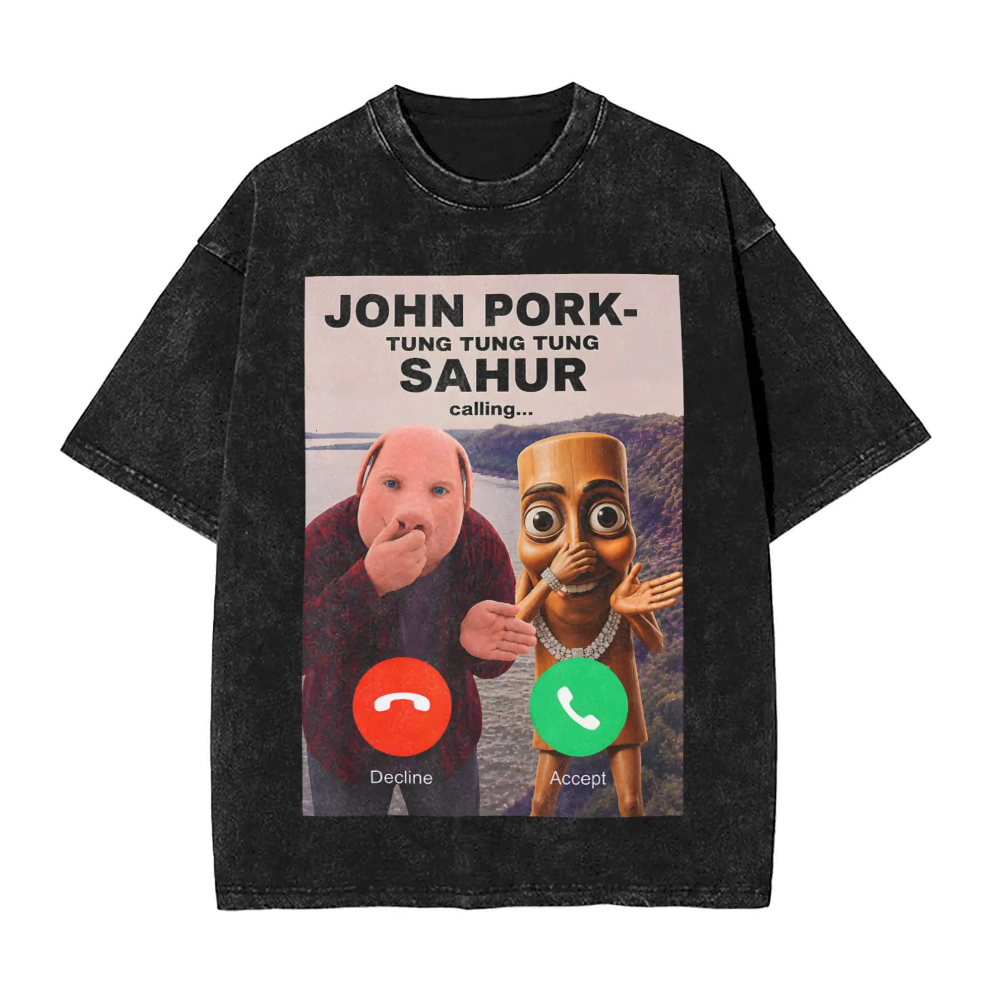 Men Women T Shirt John Pork Tung Tung Tung Sahur Answer Calling Washed T-Shirts Popular Summer Tees Vintage Print Cotton Tops