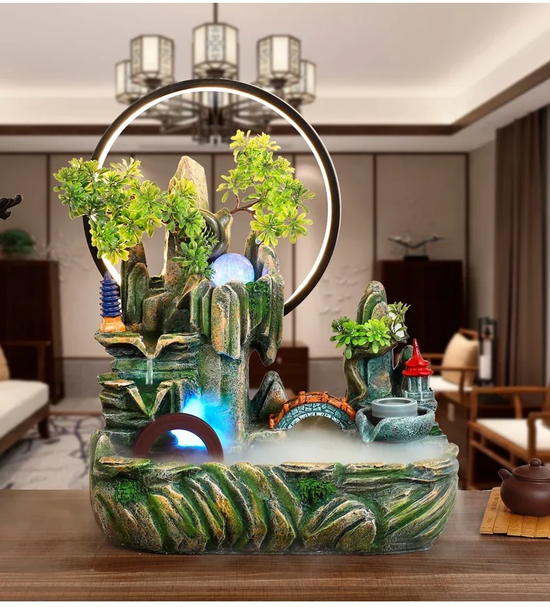 Indoor Fountain with Fish Tank Feng Shui Resin Waterwheel Relaxing Fog Water Feature for Home & Office Décor Water Feature