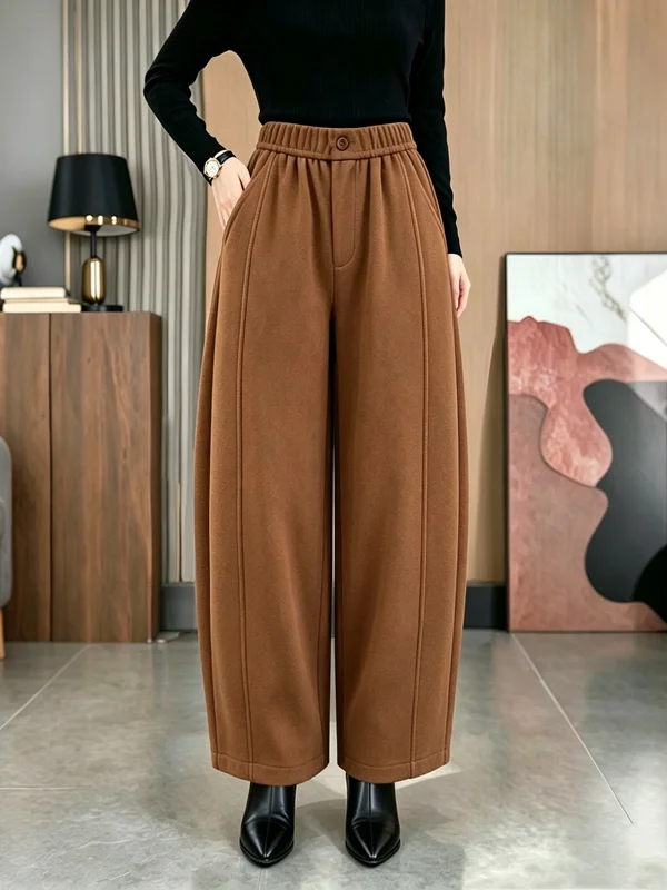 Women's High Waist Elastic Waist Woolen Casual Pants Autumn New Style Soft Versatile Wide Leg Knife Pants All Match