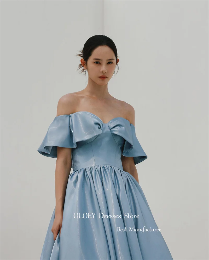 OLOEY Elegant Sky Blue Taffeta Evening Dresses Korea Wedding Photoshoot Sleeves Off Shoulder Shiny Formal Party Occason Dress