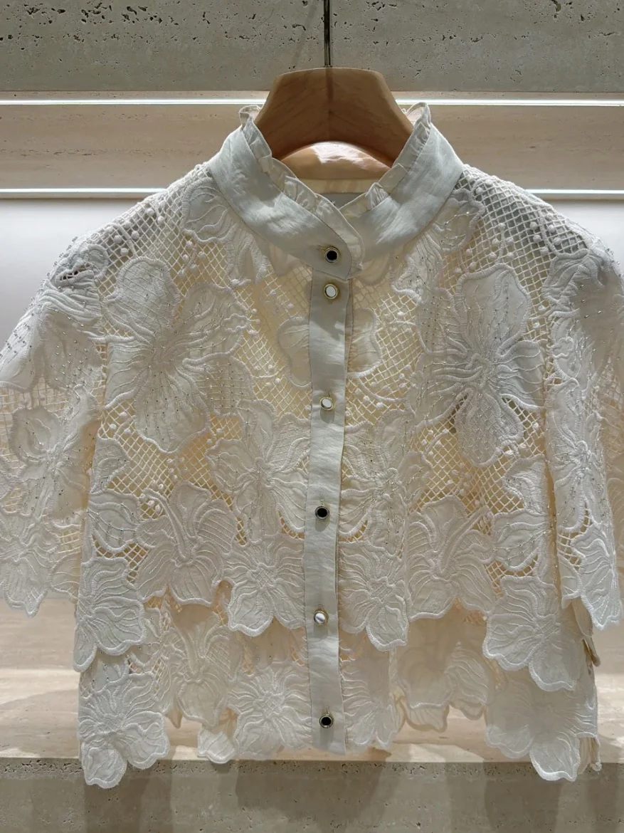 Early Spring 2026 Heavy Bead Embroidery Hollow Flower Top Skirt Set Women's Fashion Ensemble Short Sleeve Plant Floral Pattern