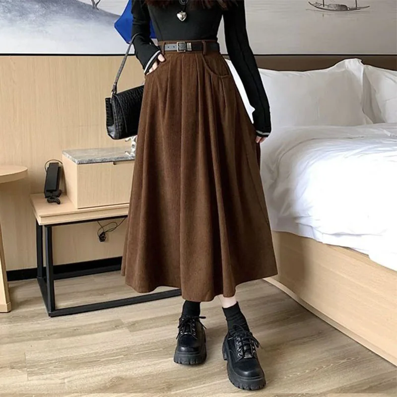 

Vintage Brown Corduroy Long Skirt Women Autumn Winter High Waist Pleated Skirts Female Korean Streetwear Pockets Midi Skirts