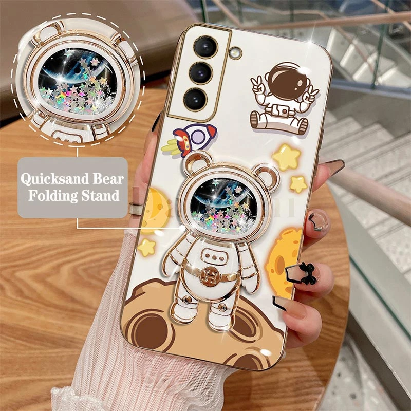 Cheering astronauts Plating Phone Holder Case For Samsung Galaxy S22 S22 Plus S10 S23 Plus S22 Ultra S20 S21FE S20FE S23FE Cover