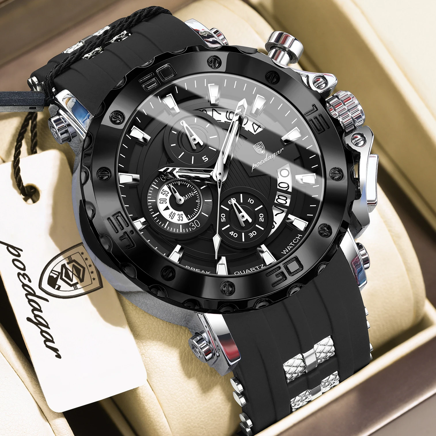 

POEDAGAR Original Trendy Man Watch Silicone Waterproof Luminous Fashion Men Clock Chronograph Date Quartz Military Men's Watches