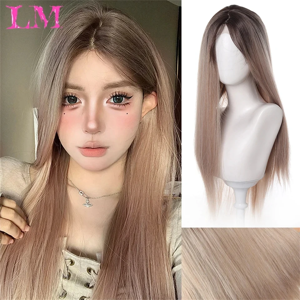 

LM Ombre Brown Blonde Long Straight Synthetic Wigs with Bangs Cosplay Wig for Women High Temperature Natural Fake Hair