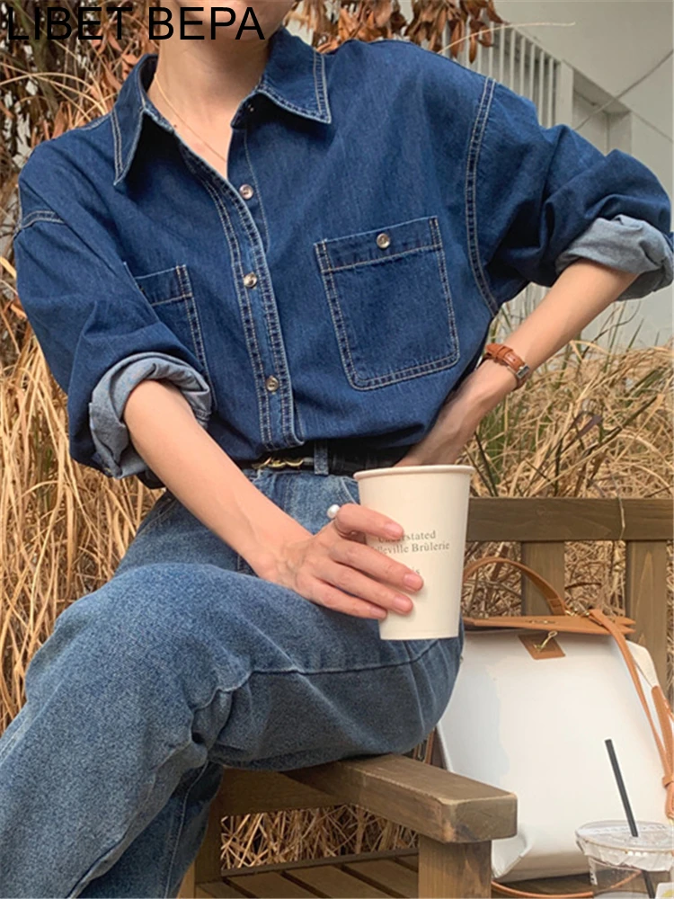 BL9805 New 2024 Korean Fashion Denim Office Lady Female Oversized Women Blouses Shirts Spring Summer Vintage Elegant Lady Tops