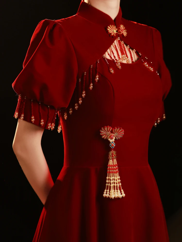 

Chinese Sle Engagement Par Wear Red Wine Serving Costume Long Evening Gown Retro Ele Bridal Dr for Women