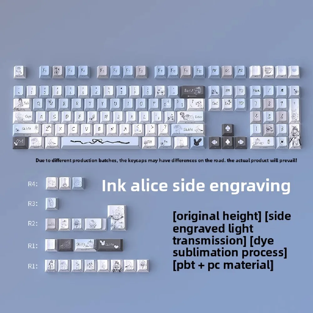 KUXM Ink Wash Alice PBT 128-Key Original Profile Side Engraved Heat Sublimation Keycaps