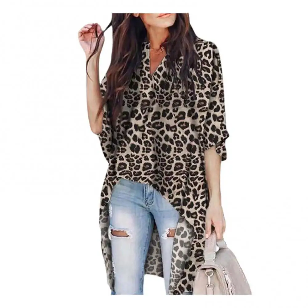 Women Leopard Irregular Blouse Short Front Long Back V-neck Long Sleeve Tops Fashion New Ladies Loose Shirts Autumn Spring