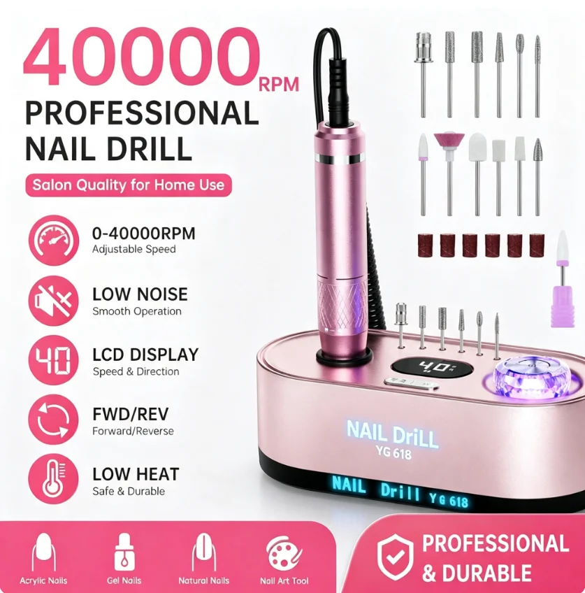 Ponceuse à ongles électrique professionnelle 40000 tr/min avec écran LCD, kit lime à ongles Efile, polisseuse à ongles silencieuse pour ongles en acrylique et gel, outil de manucure pour salon et usage domestique