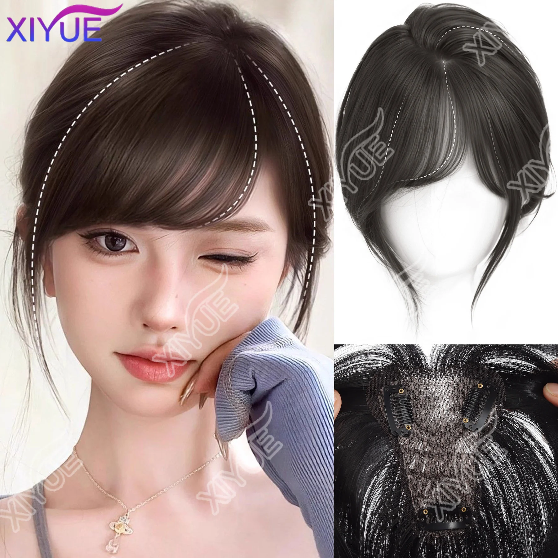 

XIYUE synthetic 3D Bangs Invisible Hair side-swept bangs Air Bangs Head Overhead Natural Invisible Replacement Cover White Hair