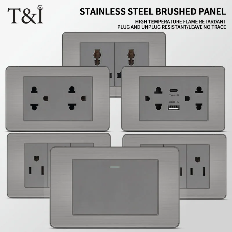 

T&I 118 Premium Stainless Steel Brushed Wall Socket with USB Type - C, US Switch, Thai Plug for Home & Office Use