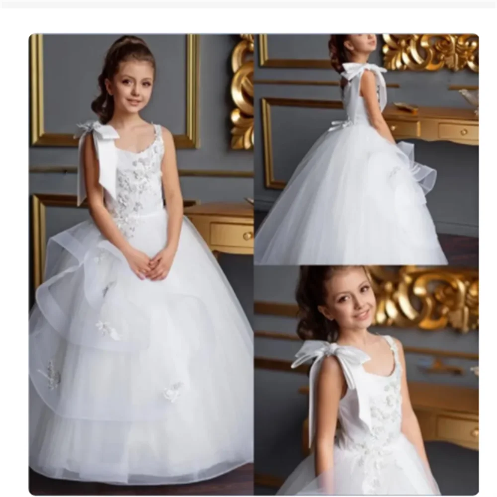 

White Elegant Lace Flower Girl Dress Suspenders Tulle With Bow Beaded Sleeveless For Wedding Child First Communion Ball Gowns