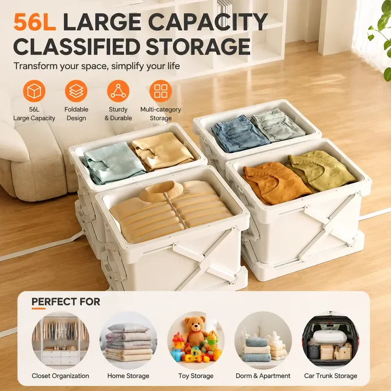 2 Pack 50L Foldable Storage Box Large Plastic Container With Lid For Clothes Blankets Wardrobe Organizer Household Items