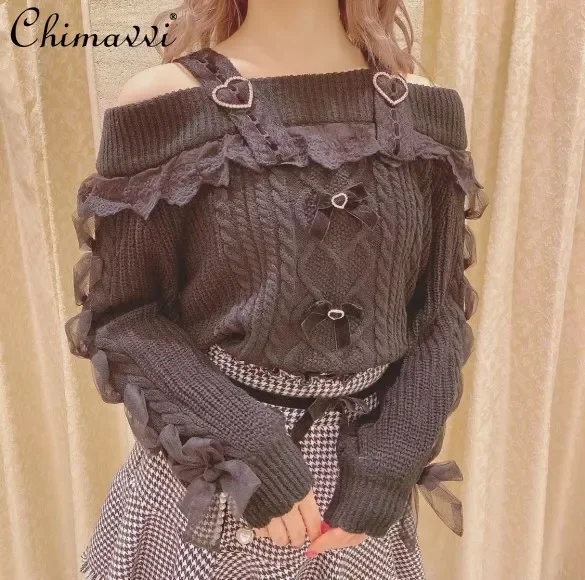 

Classic Sweet Sweater Girl Japanese Liz Mine Off-the-shoulder Cute Sexy Suspender Lace Stitching Slim Pullover Lolita Knit Tops