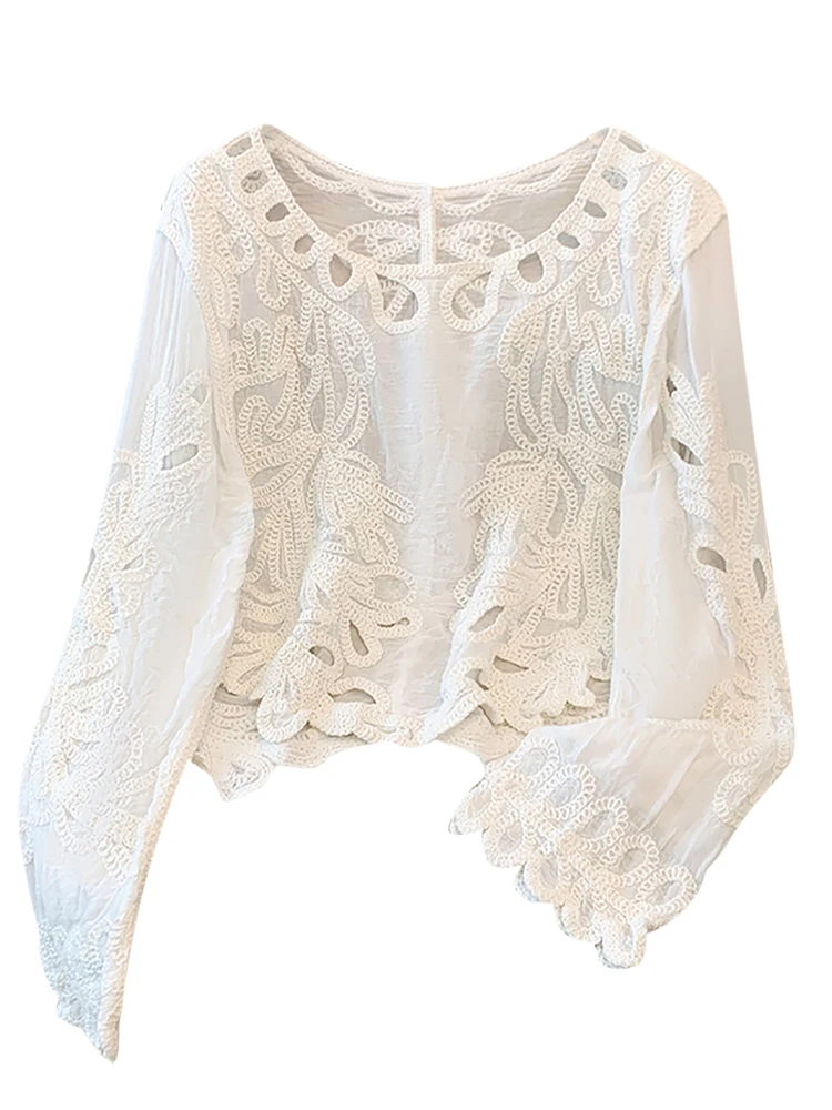 Ele Long Sve مطرز بالدانتيل irt المرأة فضفاضة عادية Sle ربيع الخريف جديد الحلو Sle تنفس البوليستر irt