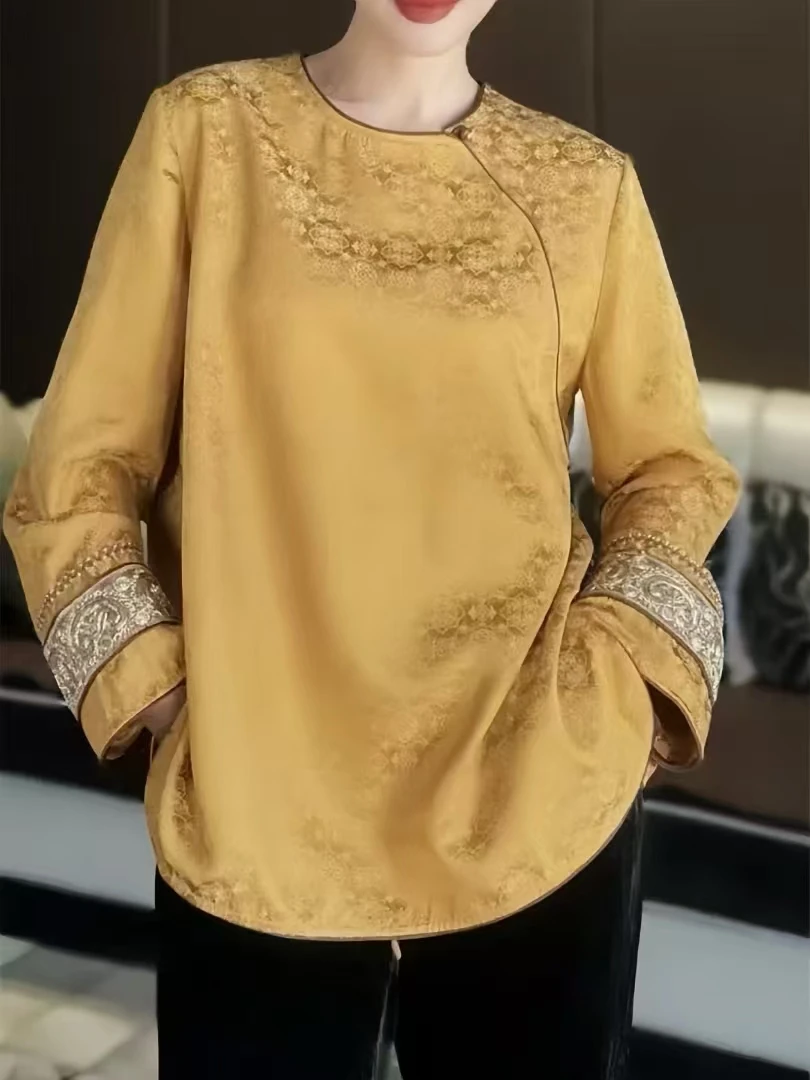 Spring New O-Neck Chinese Style Button Silk Jacquard top +Contrasting Cuffs And Beaded Embroidery Retro Gold Women's Shirt S-XL