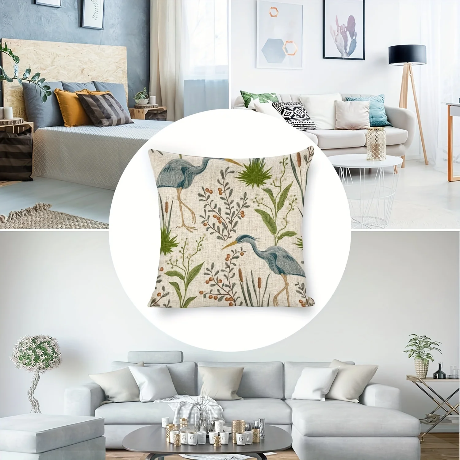 1pc Linen Pillowcase, Animal Heron Design, Home Decor Room Sofa Outdoor, Single-Sided Printing, Pillowcase Solely