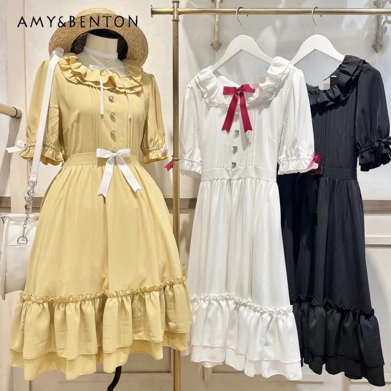 

Japanese Retro Sweet Cute Lolita Dress Ruffle Edge Doll Collar Ruffle Edge Short Sleeve Slim Mini Dress Elegant OP Dress Women