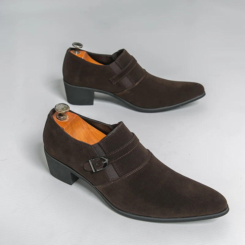 

Men Suede Leather High Heel Elevator Shoes Business Formal Pointed Toe Monk Strap Loafers Breathable Office Party Wedding Shoes