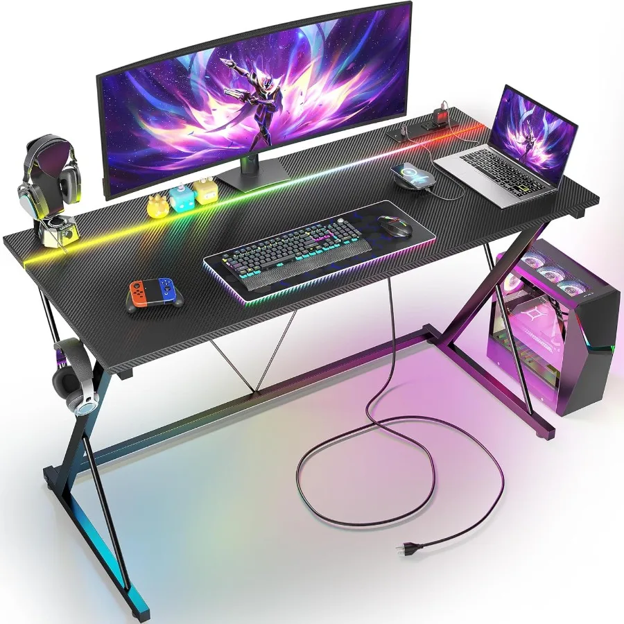 مكتب ألعاب مريح مقاس 47 بوصة مع منافذ طاقة مدمجة وإضاءة LED محيطة عمل الكمبيوتر بلمسة نهائية من ألياف الكربون F #1