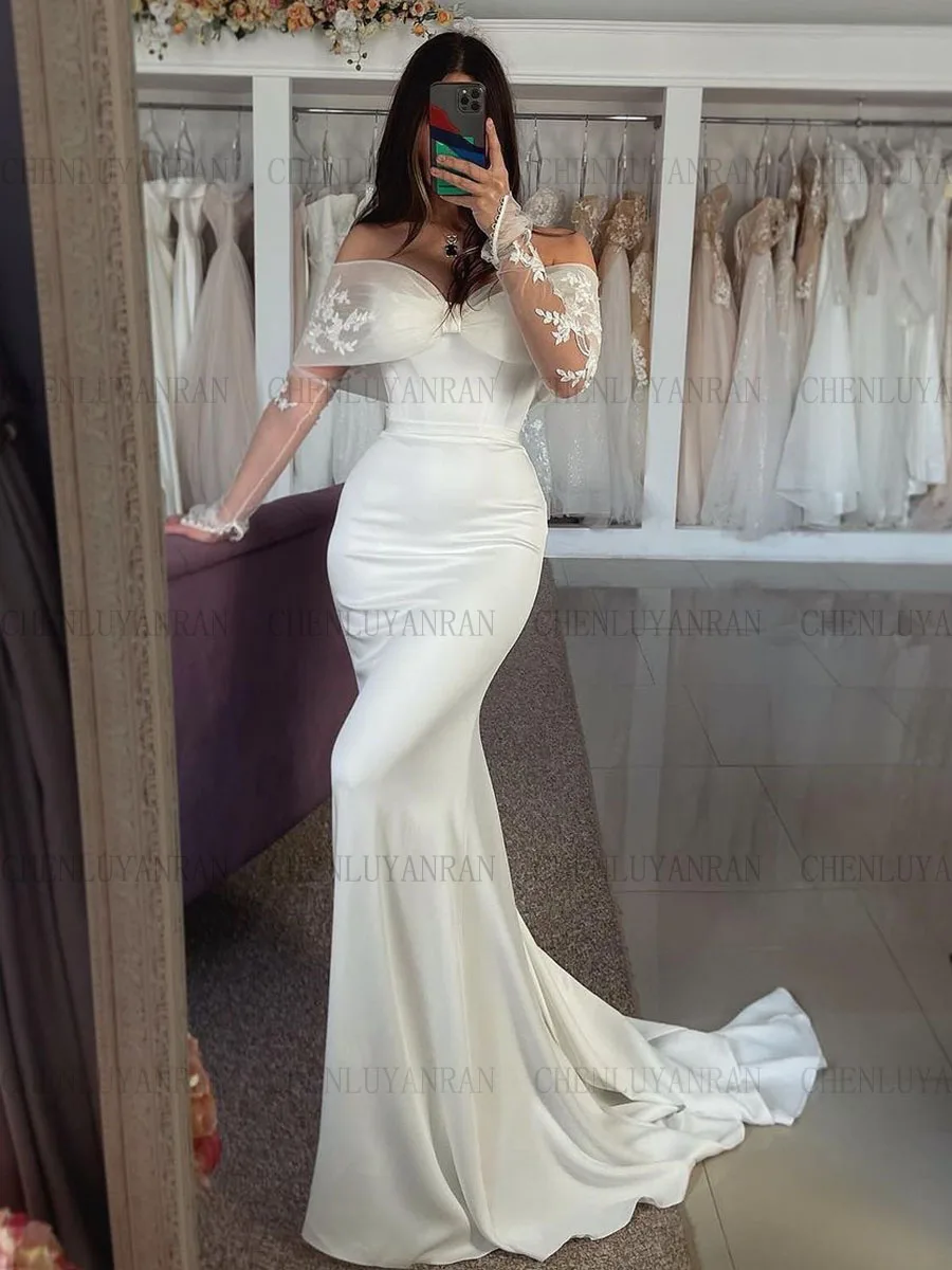 فساتين زفاف أنيقة عاجية على شكل حرف v عاري الكتفين فساتين عروس طويلة بأكمام طويلة فساتين حورية البحر للنساء 2025 رداء De Mariée #2