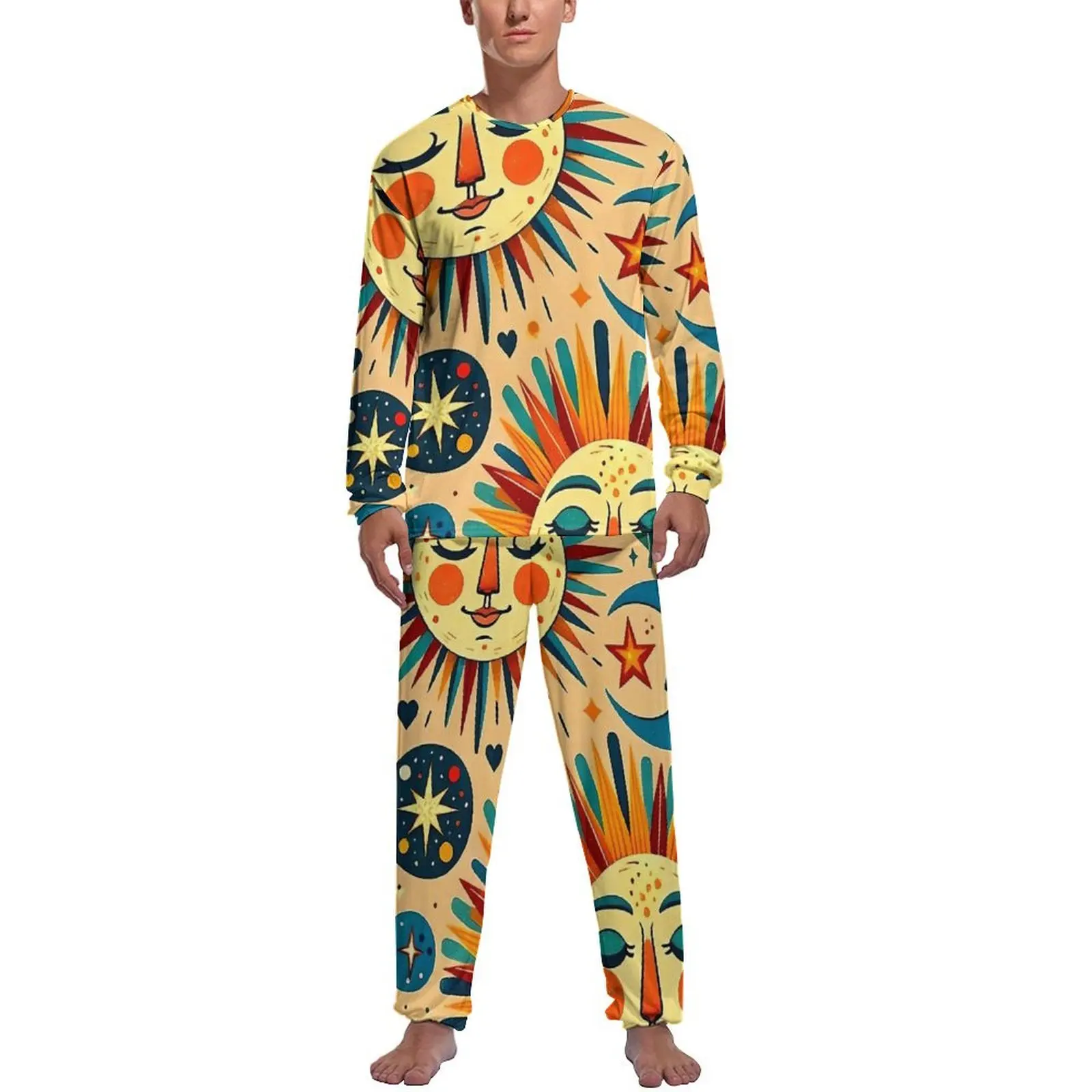 Suns  And Moons Celestial Print Pajamas Spring 2 Piece  Elegant Pajamas Set Mens Long-Sleeve Home Design Sleepwear