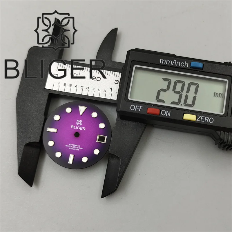 BLIGER 29mm Watch Dial Gradient Black Gold Black Purple Dial With Silver Time Mark Green Luminous Fit For NH35 Movement Watches