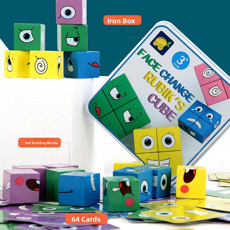 New Cross-Border Iron Box Face-Changing Magic Cube Building Blos Wooden Clenge Levels Toys for Children Parent-Child Tab...