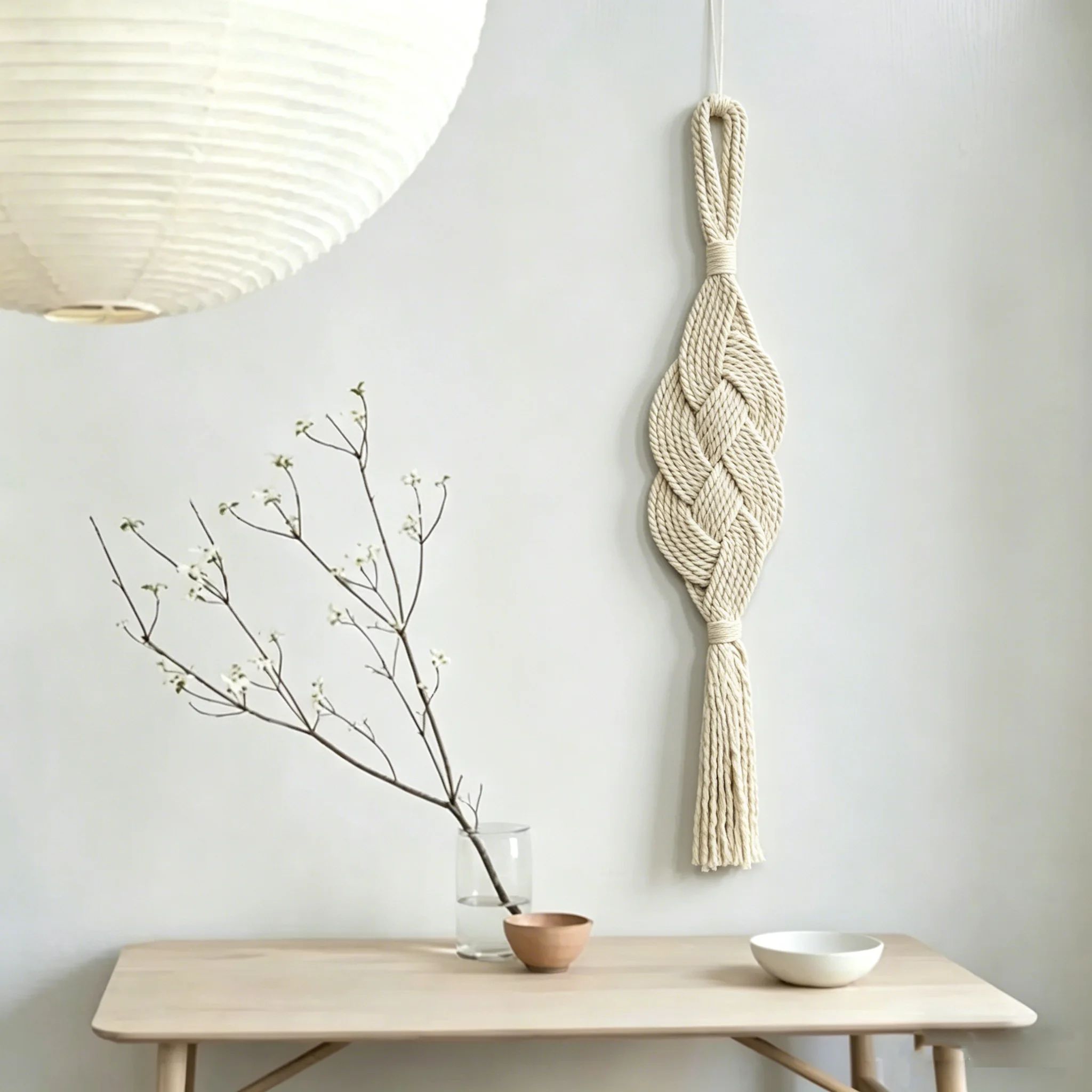 

Minimalist Macrame Wall Hanging with Leaf Braided Design Natural Cotton Tassel Decor for Scandinavian Home