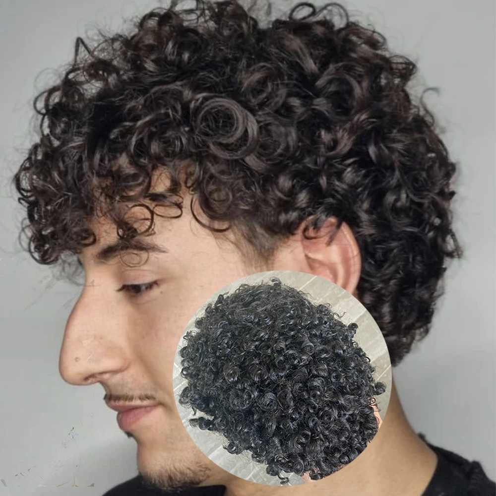 Toupet de Base en Peau PU Complète Super Durable pour Homme, Ligne de Cheveux Naturelle, Perruque Homme Noire, 20mm, Système de Cheveux Humains Bouclés Européens, Postiches Souples