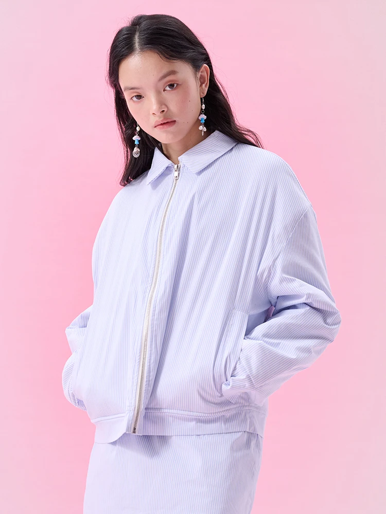 

Moss Fifi Blue Striped Loose ape Super Fill Cotton Jaet Women's Sweet Sle Thiened Long Sve Cotton Coat