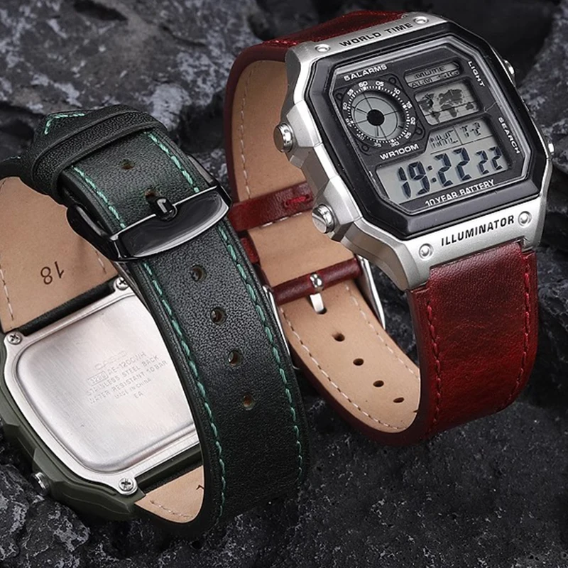 Correa de cuero de vaca para Casio G-Shock AE-1200WH AE-1300/1000 A159 A159 A158W A168 / F91w AE1200 pulsera Retro para hombre correa de reloj de 18mm