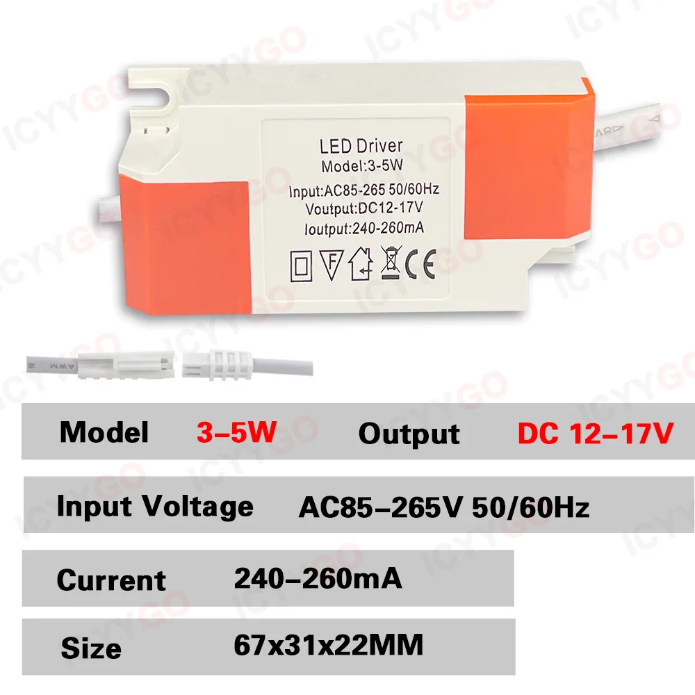 Controlador LED 240-260mA 1-3W 3-5W 4-7W 8-12W 12-18W 18-24W Unidad de fuente de alimentación LED AC85-265V Transformador de iluminación LED Carcasa