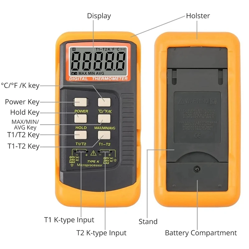 LCD Thermocouple Thermometer -50°C-1300°C K-Type Digital Temperature Meter Dual Channel Probe °C/°F/K Swift Data Hold Durable