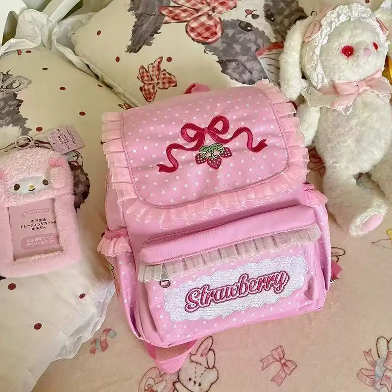 Japanese Y2K Lolita Backpack Harajuku Sweet Pink Strawberry Bow Embroidered Lace  Bag Kawaii  Casual Waterproof Nylon Backpack.