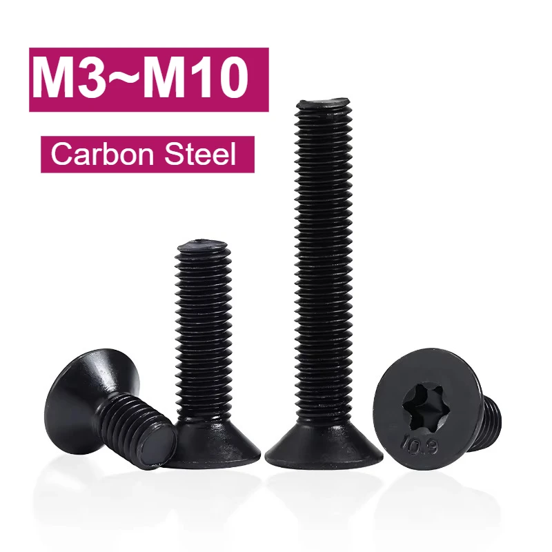 2-10pcs Grade 10.9 M3 M4 M5 M6 M8 M10 Black Carbon Steel Torx Button Six Lobe Flat Countersunk Head Screw Six Lobe Bolts